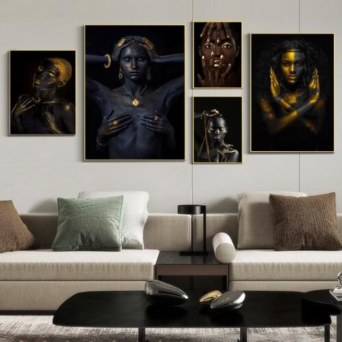 Gold Color Gestures Art Canvas Print Painting African Lady Black Skin Women Living Room Wall Picture Home Decoration Poster