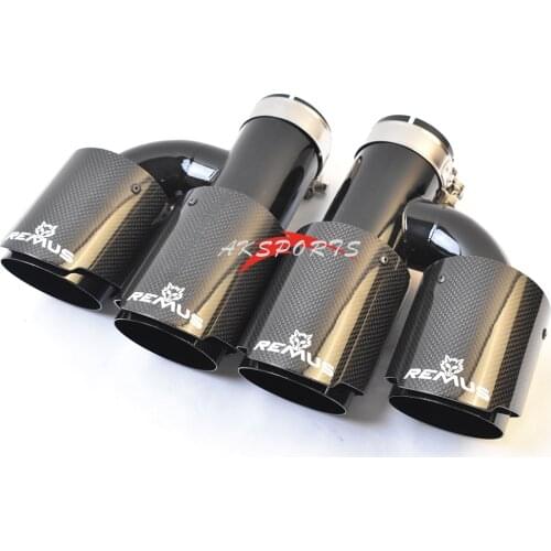 2PCS H Style Dual Glossy Carbon Fiber Stainless Steel Black Exhaust Pipe Universal Auto Double Muffler Tip With Remus Logo