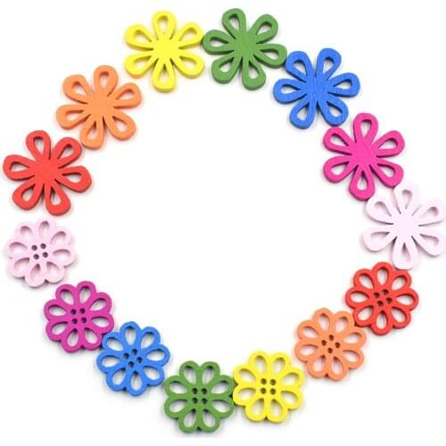 50pcs random mixed colors Flower Shape Wood Buttons for Handwork Sewing DIY Clothing Crafts Accessories Gift Card Decor