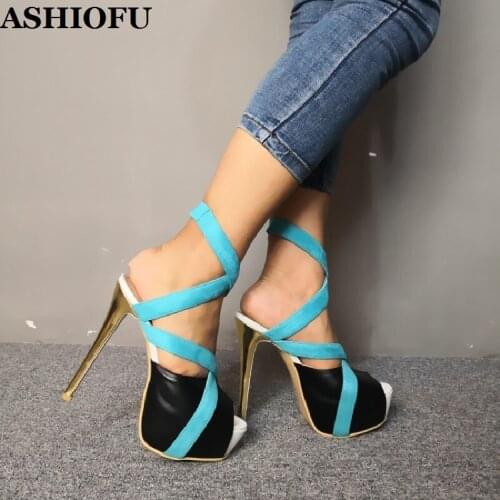 ASHIOFU Real Photos Women High Heel Sandals Two-tones Ankle-strap Sexy Party Shoes Peep-toe Evening Club Fashion Sandals Shoes