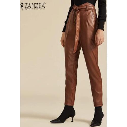 Fashion PU Leather Pants Womens Autumn Trousers ZANZEA Casual Elastic Waist Long Pantalon Palazzo Female Solid Turnip Plus Size