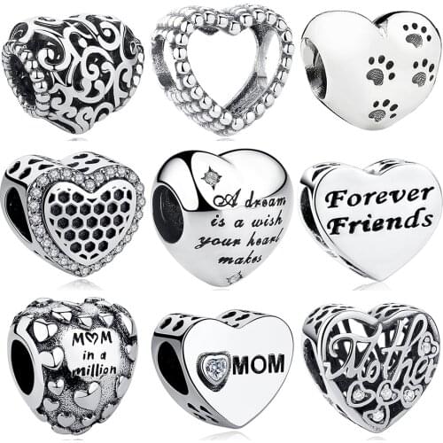 ELESHE 925 Sterling Silver Pet Paw Print Forever Friend Heart Bead Charm Fit Original Charm Bracelet DIY Jewelry Making