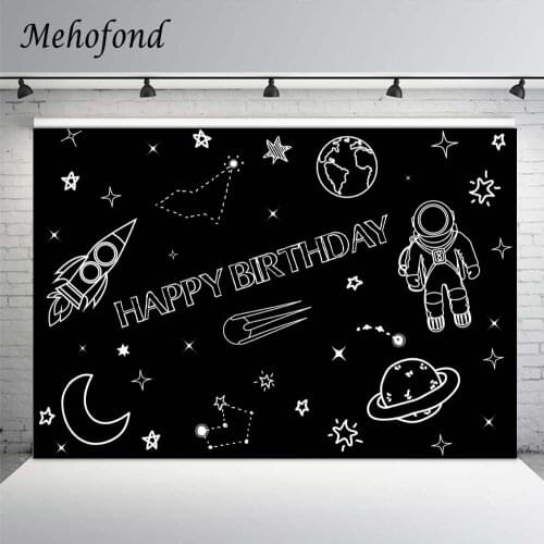 Mehofond Boy Birthday Backdrops For Photography Cartoon Space Astronaut Stars Black White Background Photozone Photo Studio Prop