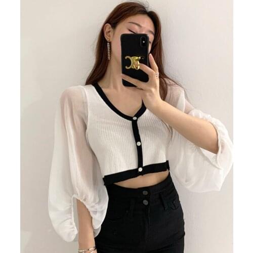 Hit South Korea ins autumn joker color v-neck sweater splicing chiffon lantern sleeve cultivate ones morality short sleeved shi