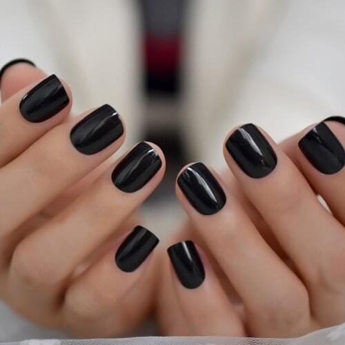 Short Dark Black Pearl Shimmer Artificial Nails Squoval Adult Pure Curved Nail Tips Daily Salon Nail Art Design 24