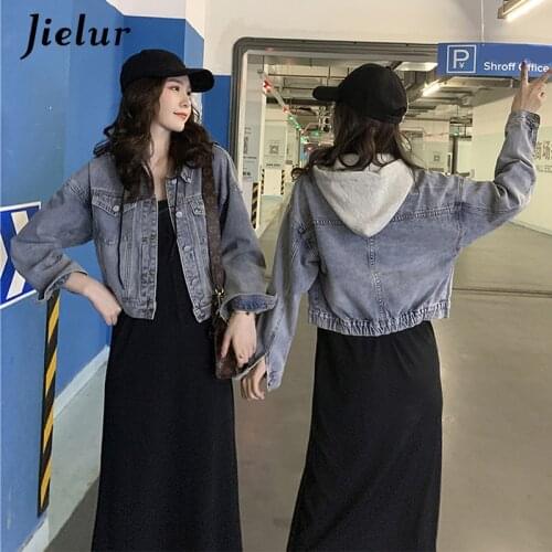 Jilur Denim Jacket Strap Long Dress Women New Autumn Two-piece Suit All-match Spliced Fashion Blue Jean Jacket Coat Skinny 2021