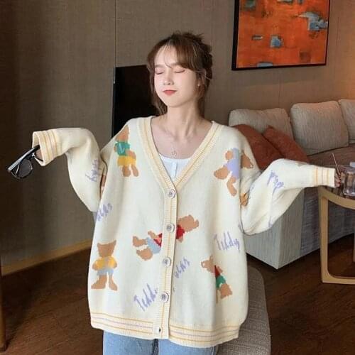 Vangull Cartoon Print Knitted Women Sweater Cardigan 2021 New Casual Cute V-neck Single Breasted Female Cardigan Sweater Tops