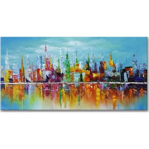 Mintura Wall Picture for Living Room Oil Painting on Canva Hand Painted Colorful City Building Knife Painting Home Art No Framed
