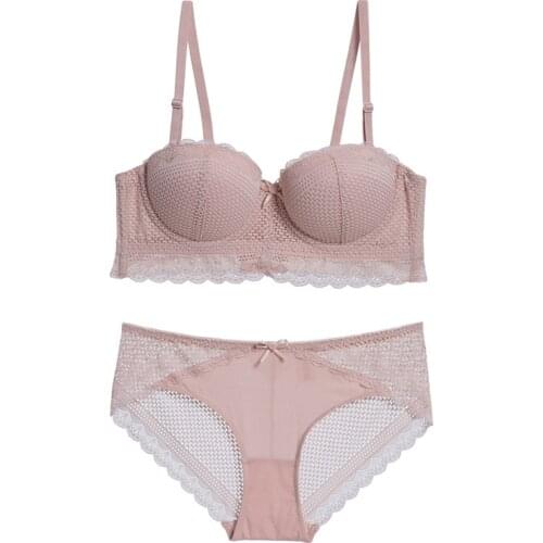 Sexy Hollow Out Lace Half Cup Push Up Bra with Removable Straps Broadside Strapless Bra and Panties Set Underwear Women Lingerie