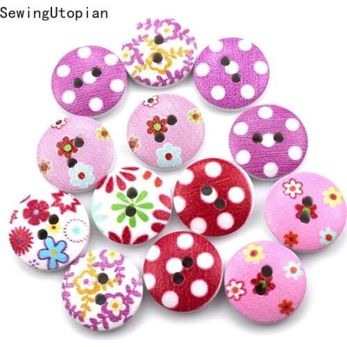 15MM 20MM New Flower Printed Round Wooden Button 2 Holes 15mm Mixed Wood Buttons Sewing Accessories for Clothing Decoration DIY