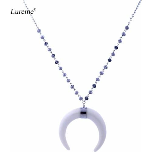 Lureme Glass Beaded Chain with White Crescent Moon Horn Pendant Necklace for Women and Girls (nl005783)