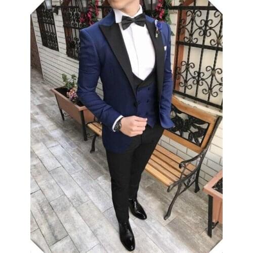 Fashionable One Button Navy Blue Groom Tuxedos Groomsmen Peak Lapel Mens Suits Blazers (Jacket+Pants+Vest+Tie) W:987