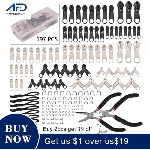 197Pcs Zipper Repair Kit Zipper Replacement Sliders Install Pliers Tools Nylon Cord Zipper Pulls Fixer Non-slip Gripper with Box