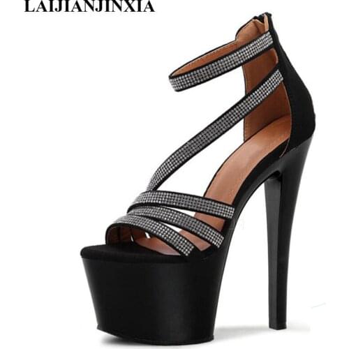 LAIJIANJINXIA New Black Womens Shoes Women 17CM High Heels Sandals Women Pumps Summer Autumn Big Size Peep Toe Fashion Sandal