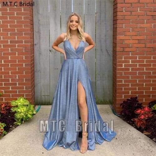 New Baby Blue Glitter Long Evening Dress Backless High Slit Sexy Prom Gown Plus Size Girls Graduation Party Dresses Customize