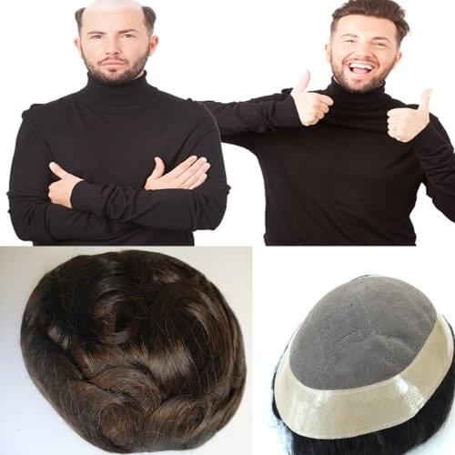 Brown Men Toupee Fine Mono & PU Mens Wig Durable Capillary Prosthesis Natural Hair Replacement System Male Wig 120% Density