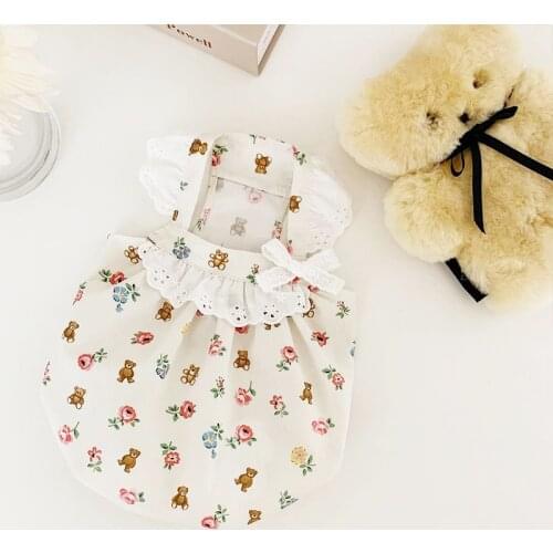 INS Bear Print Dog Dress Flying Sleeve Lace Dog Dresses for Small Dogs Luxury with Bows Puppy Kitty Bubble Skirt Pet Clothes