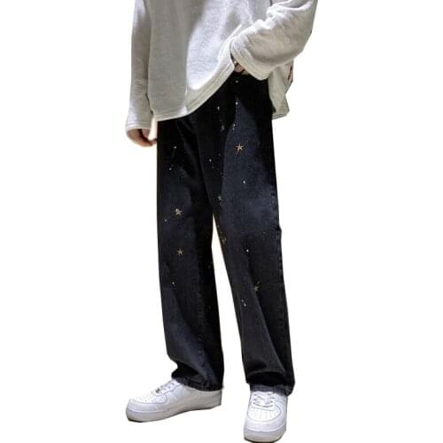 2021 Straight Harem Jeans Autumn Black Korean Men Loose Denim Trousers Streetwear Mens Lacquer Dot Star EmbroideryCasual Pants