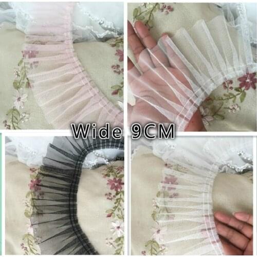 9CM Wide Pleated Chiffon Tulle Lace 3D Flowers Embroidered Ribbon Ruffle Trim Luxury Lace Fabric For DIY Sewing Garment Decor