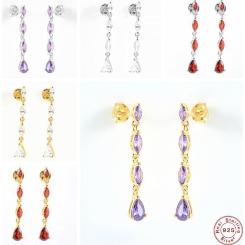 Aide 925 Sterling Silver Purple Red Oval Zircon Long Chain Drop Earrings Women Teardrop Crystal Charm Pendant Dangle Earrings