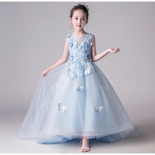 Long Trailing Girl Wedding Dresses Elegant Blue Tulle Beaded Floral First communion Gown Kids Evening Formal Princess Tutu Dress