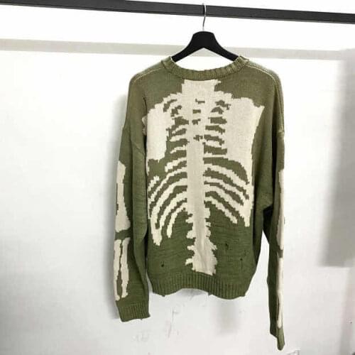 Kapital Green Loose Skeleton Bone Printing Sweater Men Woman Good Quality High Street Damage Hole Vintage 1:1 Knit Sweater