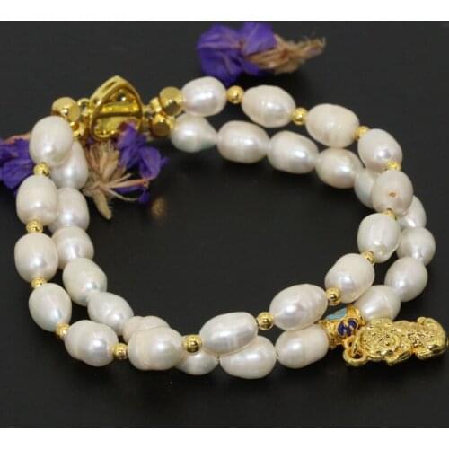 Wholesale price 7-8mm white natural freshwater cultured barrel rice pearl two rows clasp bracelets jewelry 8inch B2759