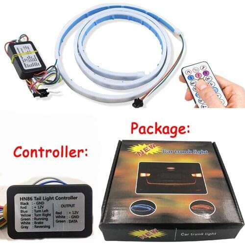 YSY 1set 120cm 150cm Wireless Remote RGB Flow LED Strip Rear Trunk Light RED Yellow White Car Brake Turn Tail Tailgate Lights