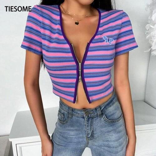 TIESOME Striped T-shirt Women V-neck Zipper Top Summer Short Sleeve 2020 Hot Butterfly Tops Tee Knitted Slim Short Tee Shits
