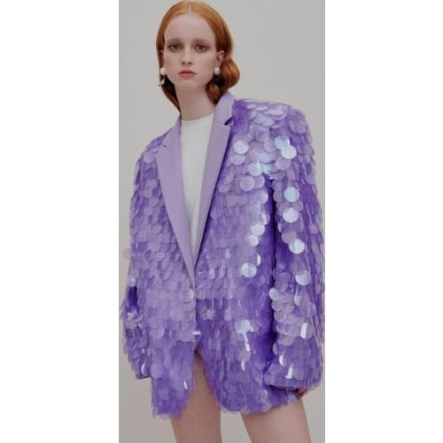 European Autumn New High-end Heavy Industry Full Sequined Purple Loose Suit Jackets Women Coats Annual Party Fashion Streetwear