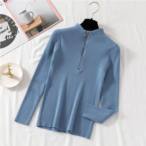 2021 Autumn Women Long Sleeve O-Neck Knitted Basic Zipper Front Sweater Shirt Lady Elastic Slim Ribbed Pullover Chic Blouse Tops