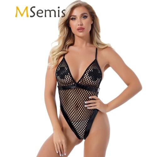 Womens See-through Hollow Out Fishnet Mesh Bodysuit Patent Leather Patchwork High Cut Spaghetti StrapZipper Closure Leotard
