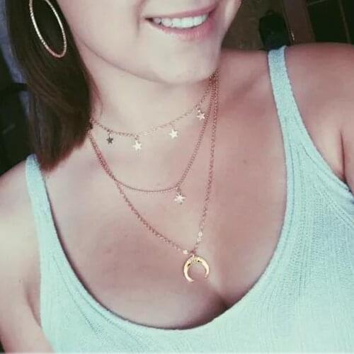 New Stainless Steel Multilayer Zircon Pendant Necklace Women Gold Beads Chain Moon Hexameron Star Horn Crescent Choker Jewelry