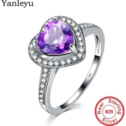 Yanleyu Romantic Love Heart Wedding Rings for Women Valentines Day Gift Real 925 Sterling Silver Purple Cubic Zircon Ring PR098