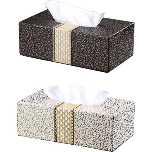 2pcs Car Home Rectangle Shaped Tissue Box Household Living Room Desktop Napkin Tissue Holder - Black+Gold & White+Gold