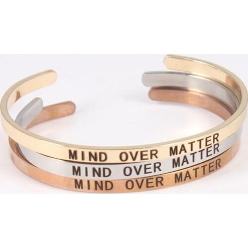 2021 Fashion Accessories Jewelry 4mm Stainless Steel Letter Mind Over Matter Cuff Bangle Dropshipping