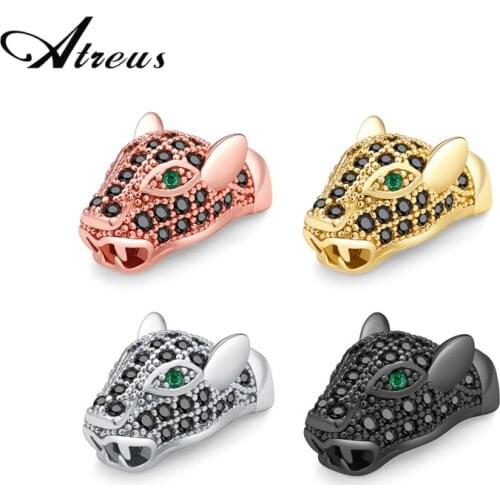 Atreus 3pcs/set Punk Leopard Head Black AAA Zirconia Beads Panther Animal Copper Spacer Beads Charms For Jewelry Making