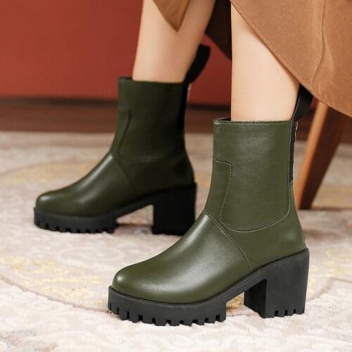 Women Ankle Boots Zipper Square Heels PU Leather Platform Solid Ladies Boots Plush Warm Thick Bottom Female Winter Shoes Fashion