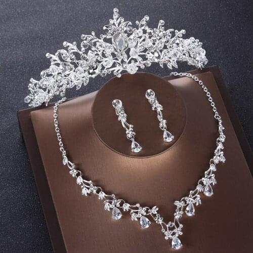 Baroque Luxury Crystal Heart Bridal Jewelry Set Silver Color Necklace Earring Tiara Crown Set Jewelry Sets Wedding African Beads