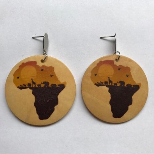 Brown Africa Map Wood Queen Afro Unapologetically Black Letters Round Earrings Hiphop Rock Pop Party Club Jewelry Wooden DIY