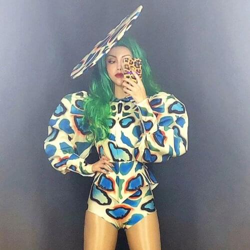 Gogo Costumes Women Leopard Print Puff Sleeve Top Shorts Bodysuit Nightclub Bar Singer Dj Ds Rave Clothes Stage Show Wear DT2392