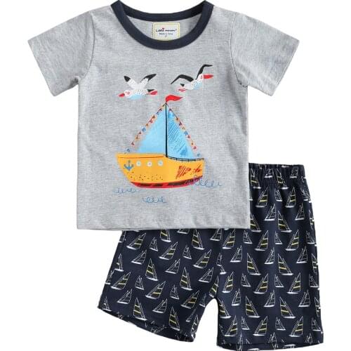 2Pcs Summer Little Boys Outfit, Fashionable Toddlers Round Collar Cartoon Sailboat Printing Short Sleeve Top + Casual Shorts