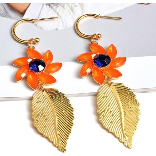 New Arrival Fashion Metal Leaf Earring High-Quality Crystals Flower Long Drop Earring Wholesale Jewelry Accessories For Women