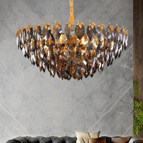 New style crystal leaf chandelier chandelier living room chandelier modern simple round villa smoke gray crystal decorative lamp