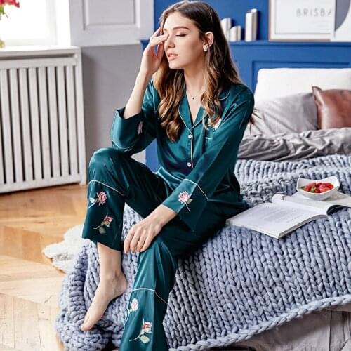 Xifenni Silk Pajama Sets Female Spring Summer New Faux SILK Sleepwear Woman Rose Flower Long-Sleeve Nightwear 2-Pieces X9102