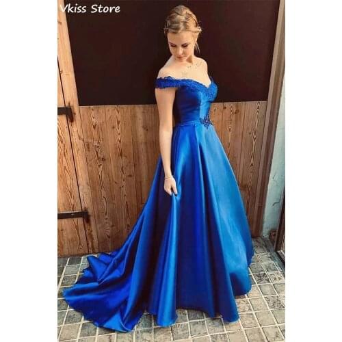 Vkiss Prom Dress Royal Blue Satin Simple Elegant Applique Off Shoulder Beads Sweep Train Evening Dress платья на новый год2021