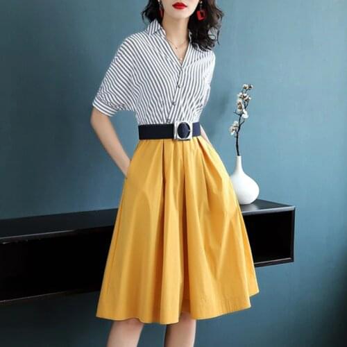 Women striped shirt dress spring autumn office ladies elegant V-neck tunic dress women fashion Slim work dress Female Vestido