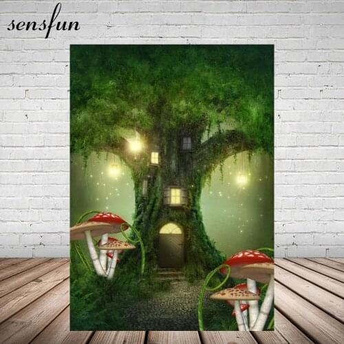 Sensfun Green Tree House Night Light Mushroom Photography Backdrop Dreamlike Natural Scenic Backgrounds For Photo Studio Vinyl