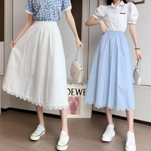 Womens High Waisted Lace Edge Long Skirt for 2021 Summer Korean Fashion Sweet Girls Clothing Office Ladies Maxi Skirt Streetwear