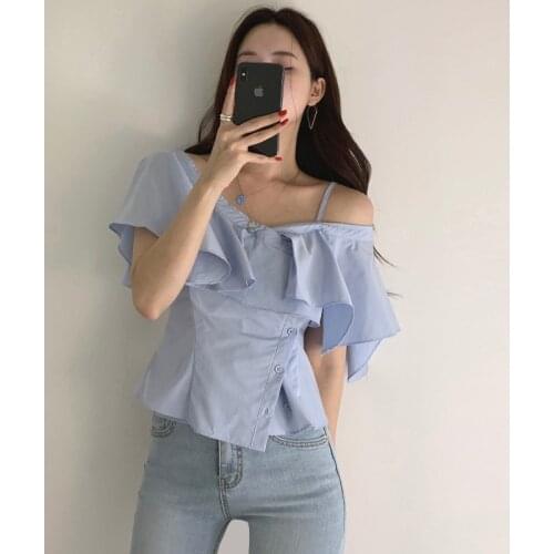 Chic Korean Fashion Clothing Summer Sexy Blue V Neck Off Shoulder Ruffles Blouse Women Irregular Short Blusas De Mujer Wild